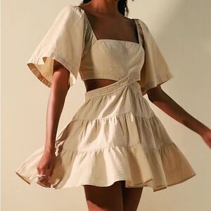 Free People Mini Dress Cross of Sunlight Cutout Cream Cotton Linen size M